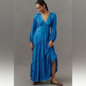 FARM RIO Anthropologie Long Sleeve V-Neck Jacquard Maxi Dress Medium